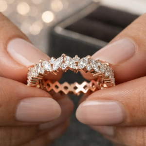 Marquise Moissanite Wedding Band, Rose Gold Eternity Ring, Stackable Bridal Ring, Diamond Cluster Anniversary Promise Ring