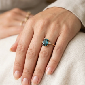 Emerald Cut Lab Grown Diamond Ring, Pear Side Stone Three Stone Ring, Gold Engagement Ring, Minimalist Bridal Promise Ring