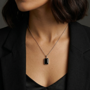 Black Onyx Pendant Necklace, 925 Sterling Silver Rectangle Necklace, Minimalist Geometric Jewelry, Dainty Gift for Her