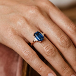 Blue Emerald Cut Lab Grown Diamond Ring - Five Stone Engagement Ring with Baguette Diamonds, Minimalist Promise Ring