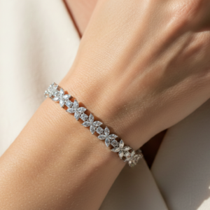 Round & Marquise Moissanite Floral Tennis Bracelet - White Gold Bridal Bracelet, Luxury Flower Statement Bracelet for Women