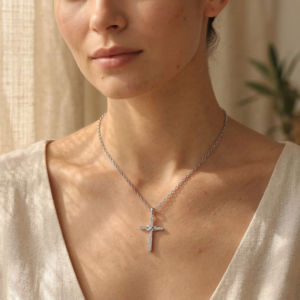 Moissanite Cross Pendant Necklace, White Gold Christian Pendant, Faith Jewelry Gift for Her, Dainty Religious Minimal Pendant