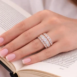 Triple Row Moissanite Ring - Pave Diamond Wedding Band, Stackable Anniversary Ring for Women