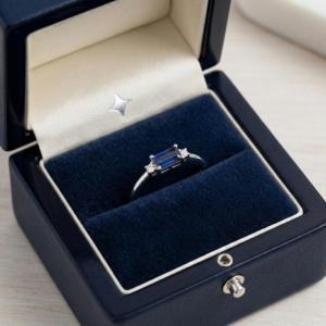 September Birthstone Ring, Blue Sapphire Moissanite Ring, Emerald Cut Engagement Ring, White Gold Promise Ring